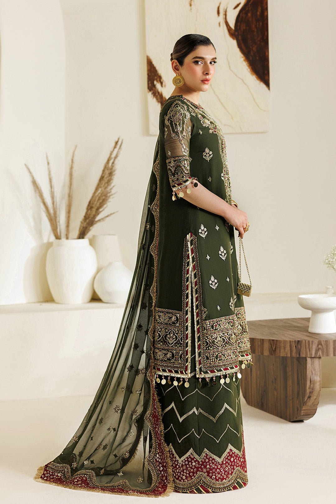 Alizeh | Aymal Luxury Bamber Chiffon | AF-BHM-4075-Hyan-Brand:Alizeh-Type:Ladies Clothes-Deep Olive Green-Chiffon-House of Maryam- Buy in UK, USA