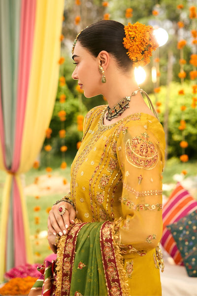 Alizeh | Shehnai The Festive Edit | AF-ZN-2215-Zarposh-Brand:Alizeh-Type:Ladies Clothes-Mustard Yellow-Zari Net-House of Maryam- Buy in UK, USA