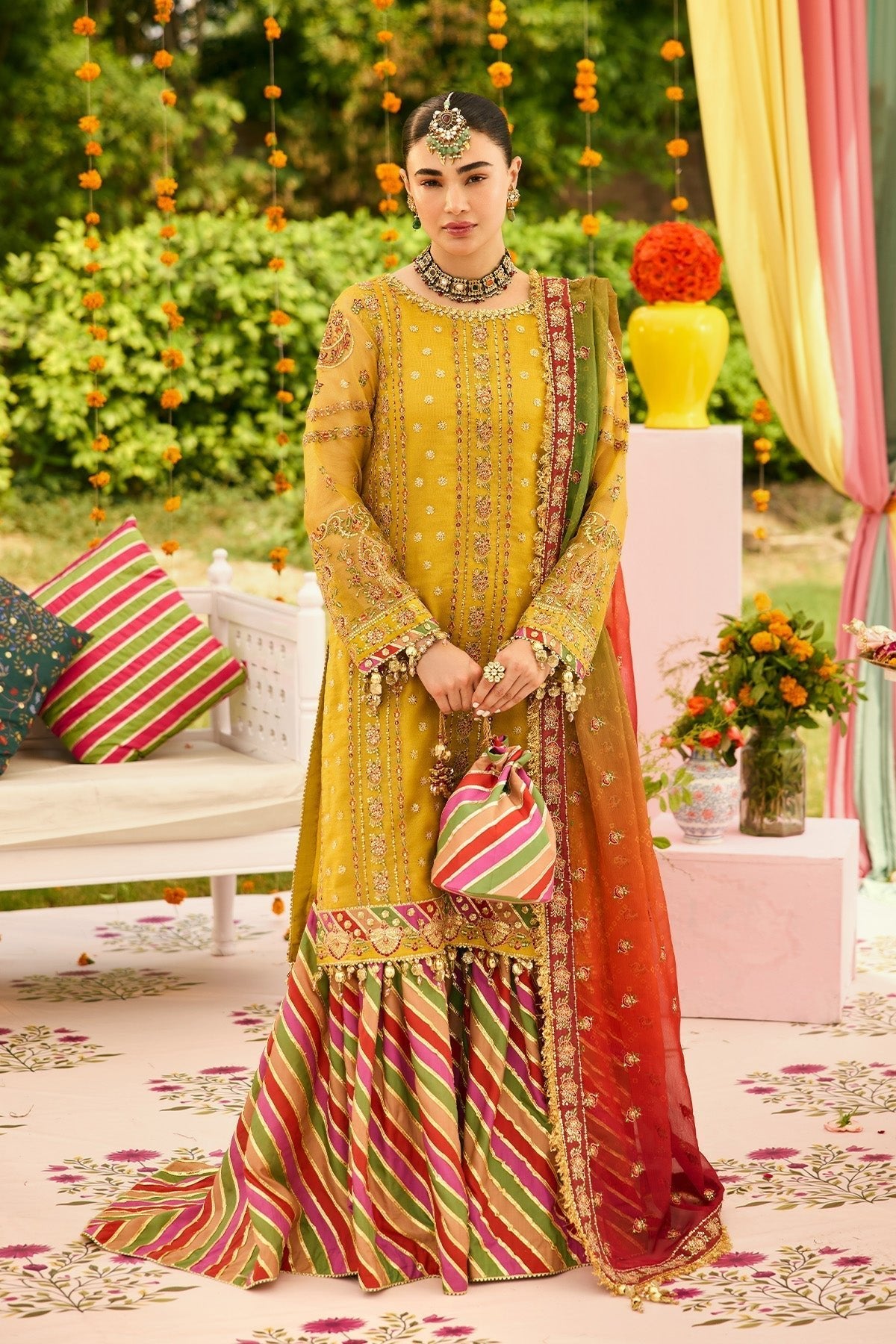 Alizeh | Shehnai The Festive Edit | AF-ZN-2215-Zarposh-Brand:Alizeh-Type:Ladies Clothes-Mustard Yellow-Zari Net-House of Maryam- Buy in UK, USA