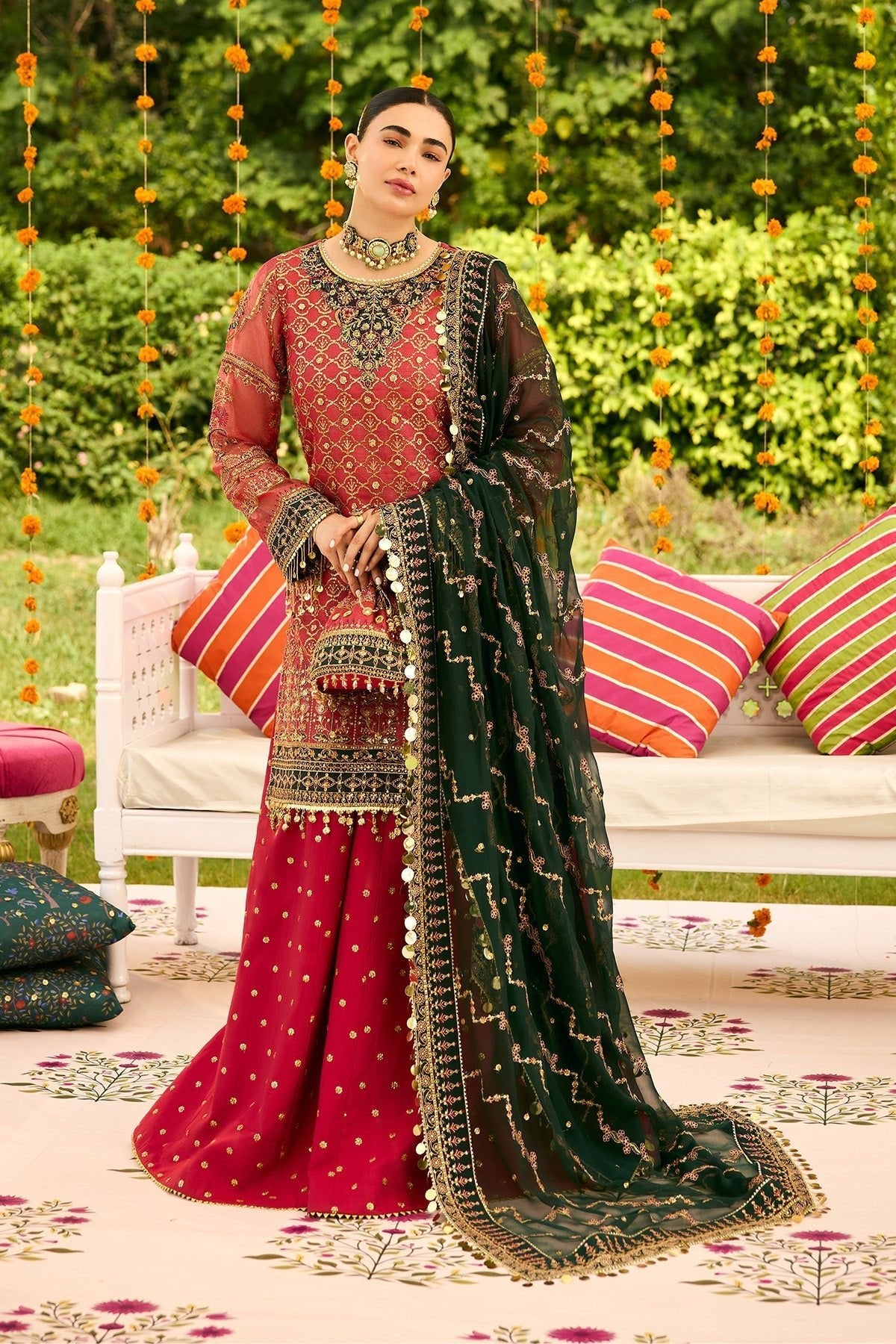 Alizeh | Shehnai The Festive Edit | AF-ZN-2216-Ghoomar-Brand:Alizeh-Type:Ladies Clothes-Carrot Pink-Zari Net-House of Maryam- Buy in UK, USA