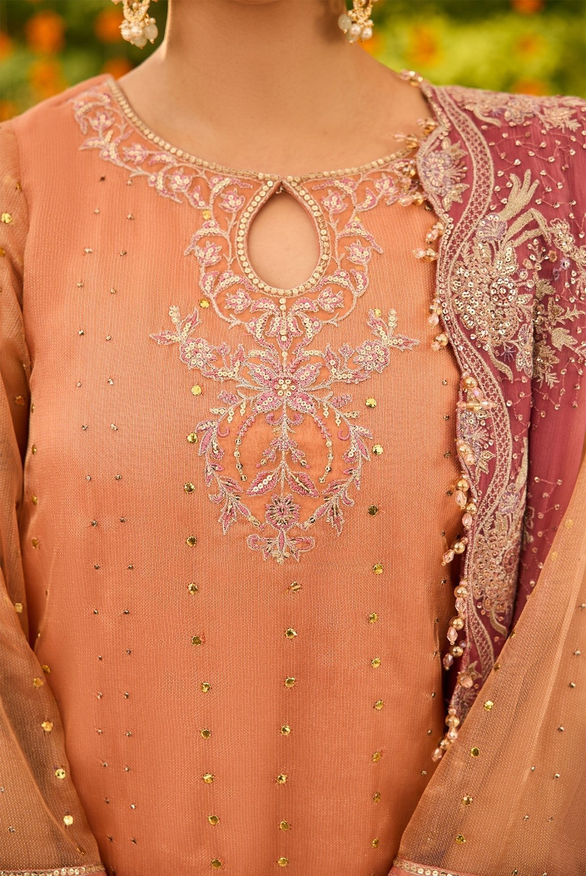 Alizeh | Shehnai The Festive Edit | AF-ZN-2218-Sitara-Brand:Alizeh-Type:Ladies Clothes-Coral-Zari Net-House of Maryam- Buy in UK, USA