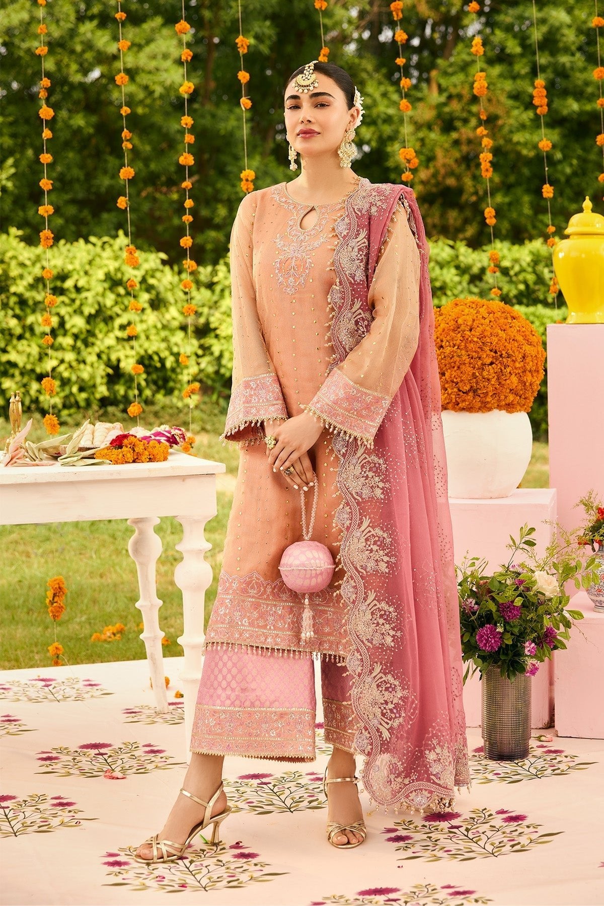 Alizeh | Shehnai The Festive Edit | AF-ZN-2218-Sitara-Brand:Alizeh-Type:Ladies Clothes-Coral-Zari Net-House of Maryam- Buy in UK, USA