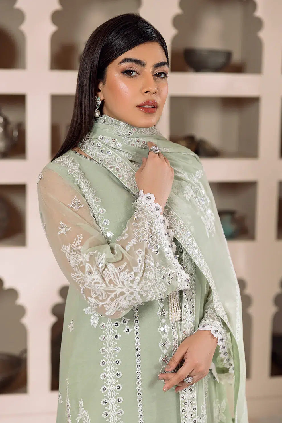 Alizeh | Dua Formals 23 | DUA-V01D04A- MEHRUNISA ( PISTA ) by Designer Alizeh - House of Maryam - Pakistani Designer Ethnic Wear in {{ shop.shopifyCountryName }}