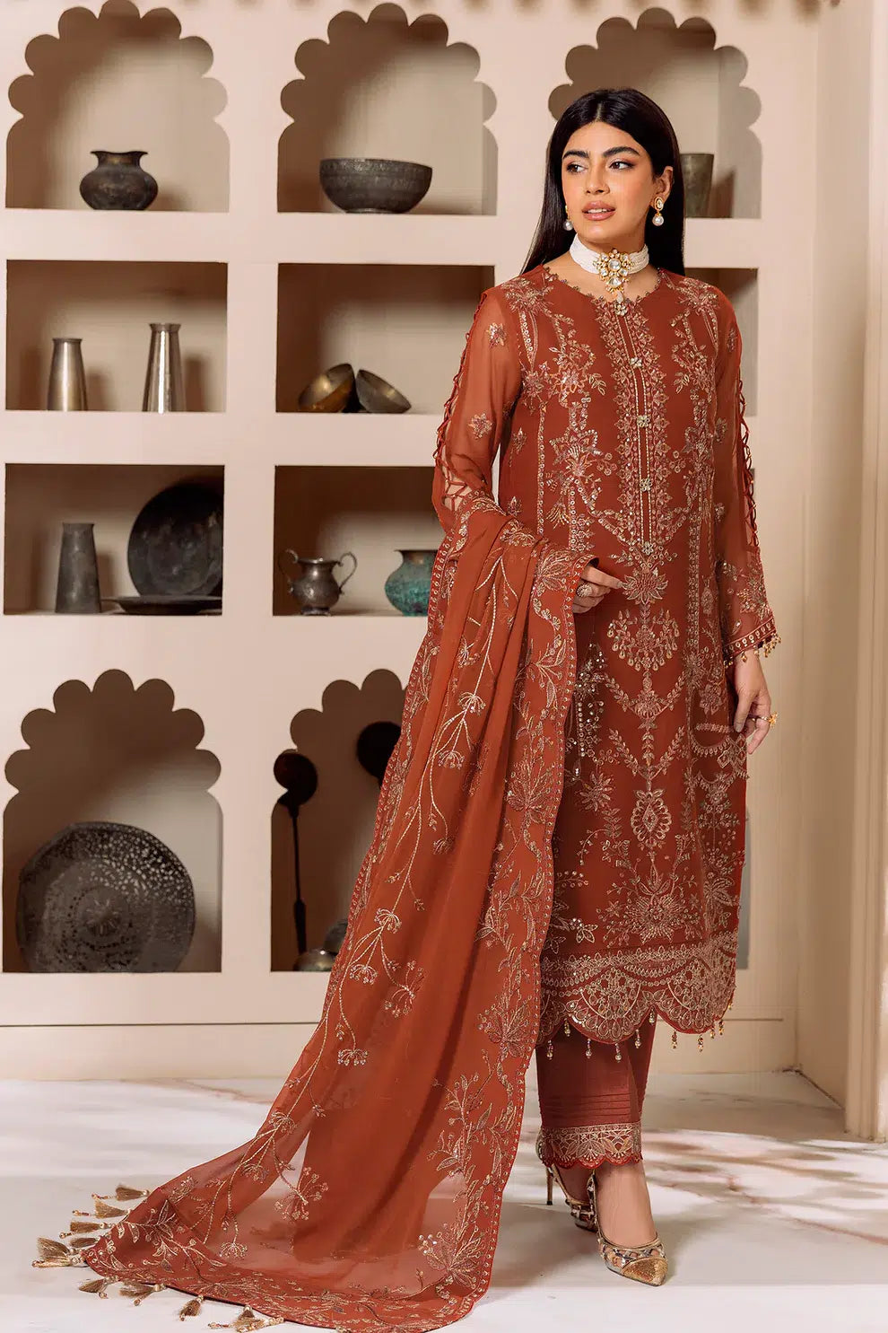 Alizeh | Dua Formals 23 | DUA-V01D02A- LYRA ( RUST ) -  Alizeh Formal - Original Designer Dress - House of Maryam