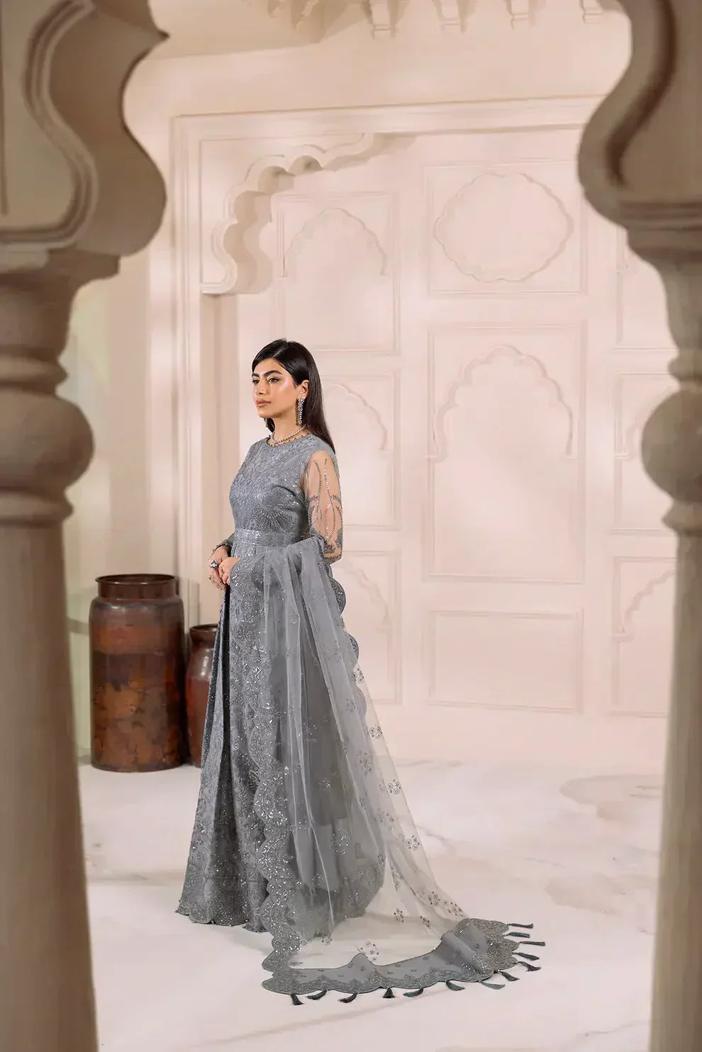 Alizeh | Dua Formals 23 | DUA-V01D01B- KHIRAD ( GREY ) -  Alizeh Formal - Original Designer Dress - House of Maryam