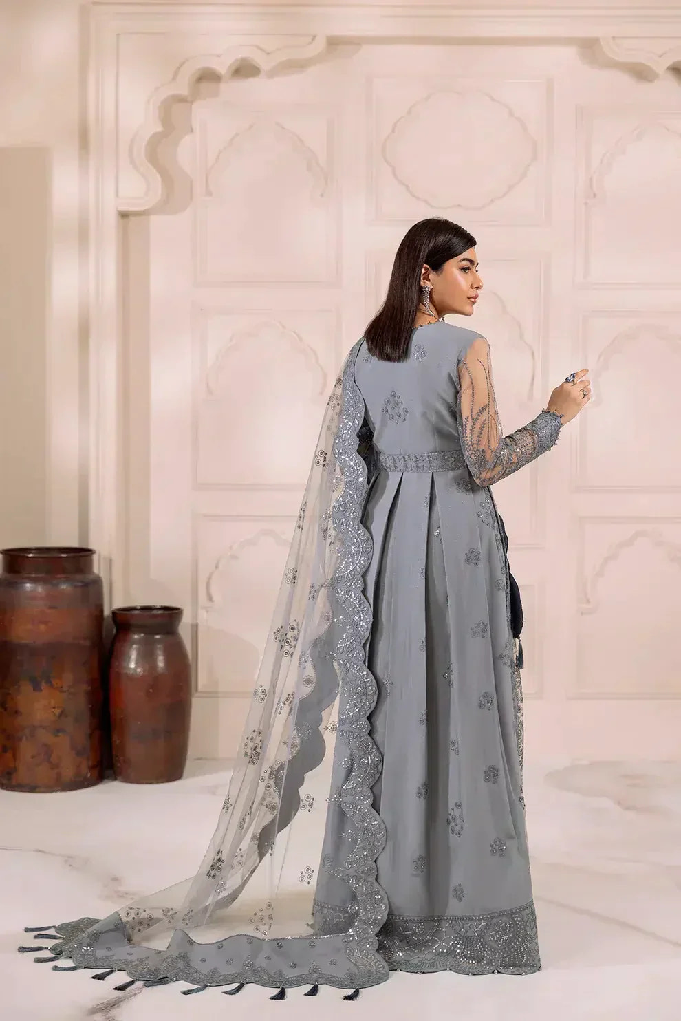 Alizeh | Dua Formals 23 | DUA-V01D01B- KHIRAD ( GREY ) -  Alizeh Formal - Original Designer Dress - House of Maryam
