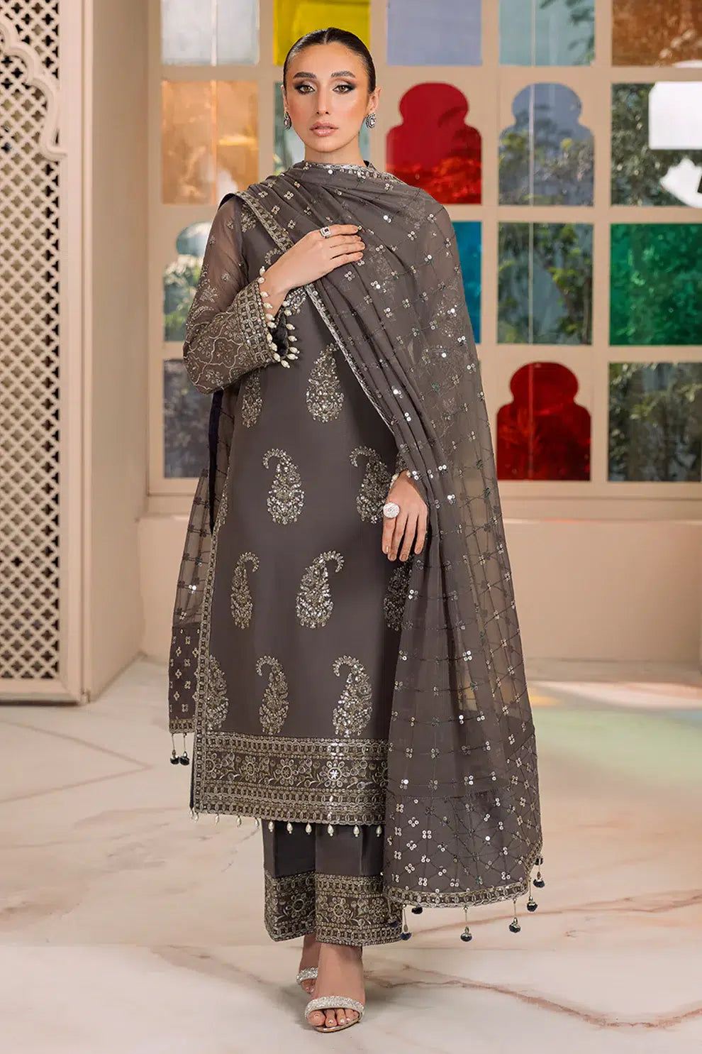 Alizeh | Dua Formals 23 | DUA-V01D06B- AMAYA ( GREY ) by Designer Alizeh - House of Maryam - Pakistani Designer Ethnic Wear in {{ shop.shopifyCountryName }}