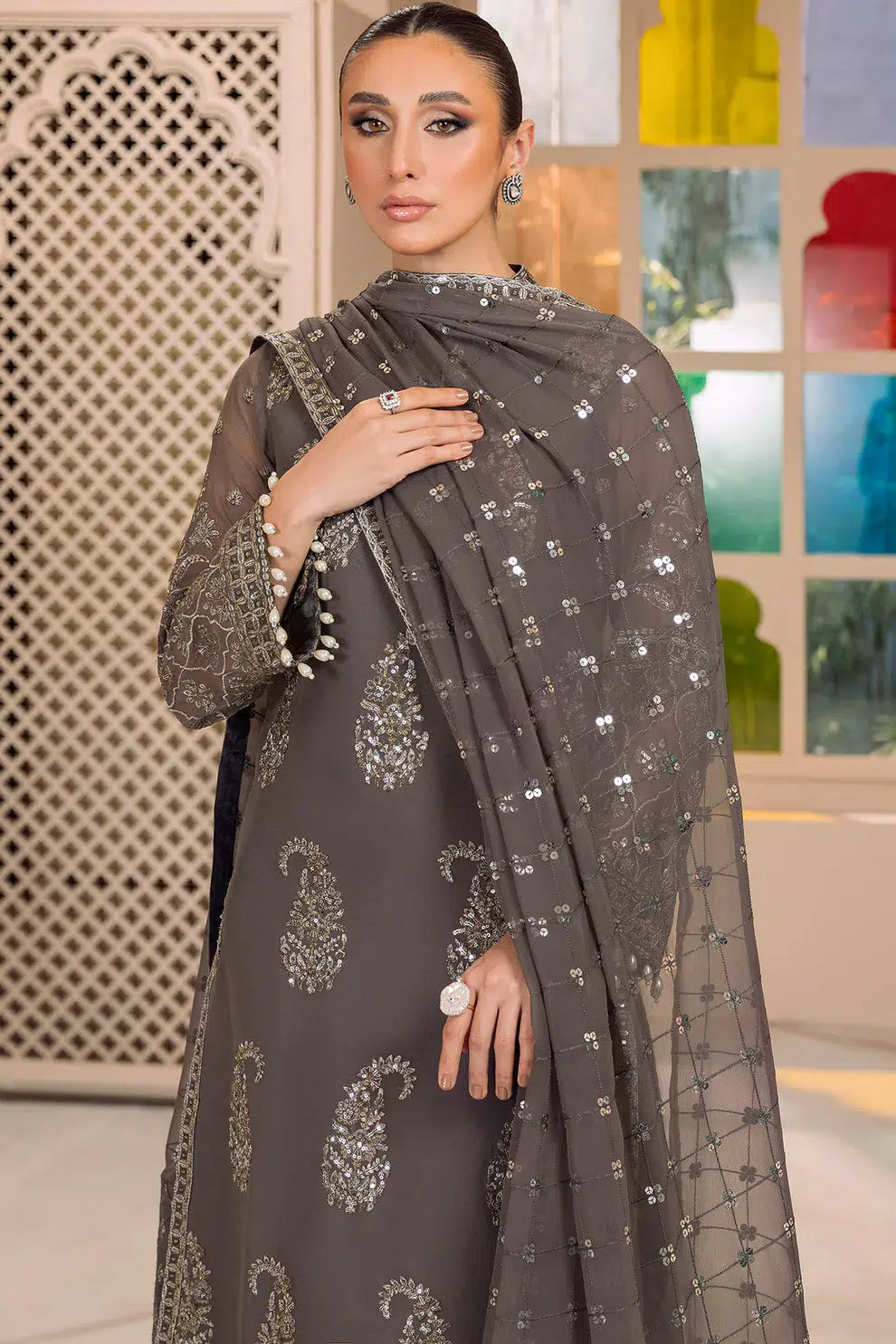 Alizeh | Dua Formals 23 | DUA-V01D06B- AMAYA ( GREY ) by Designer Alizeh - House of Maryam - Pakistani Designer Ethnic Wear in {{ shop.shopifyCountryName }}