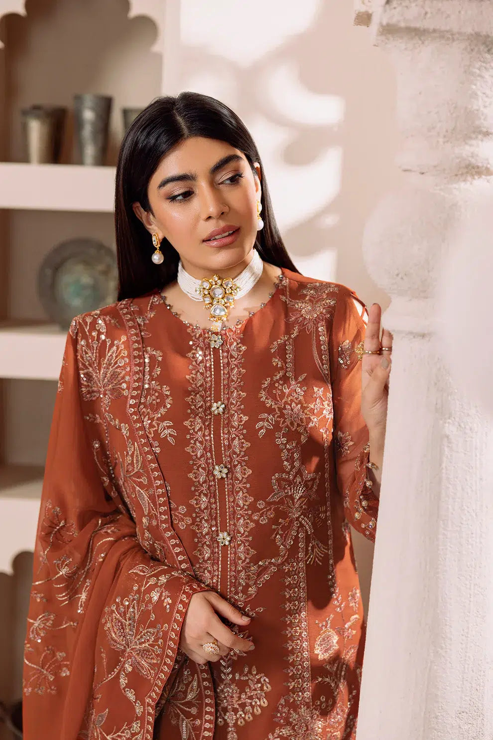Alizeh | Dua Formals 23 | DUA-V01D02A- LYRA ( RUST ) -  Alizeh Formal - Original Designer Dress - House of Maryam