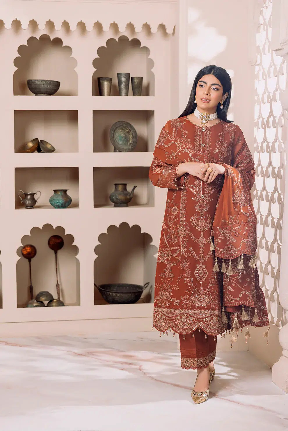 Alizeh | Dua Formals 23 | DUA-V01D02A- LYRA ( RUST ) -  Alizeh Formal - Original Designer Dress - House of Maryam