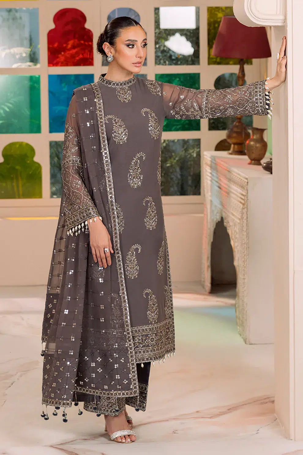 Alizeh | Dua Formals 23 | DUA-V01D06B- AMAYA ( GREY ) by Designer Alizeh - House of Maryam - Pakistani Designer Ethnic Wear in {{ shop.shopifyCountryName }}