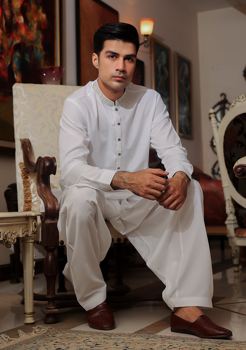 Pakistani Menswear | Amir Adnan - Basic Cotton Silk Cloud Dancer Classic Fit Embroidered Suit by Designer House of Maryam Ltd. - House of Maryam - Pakistani Designer Ethnic Wear in {{ shop.shopifyCountryName }}