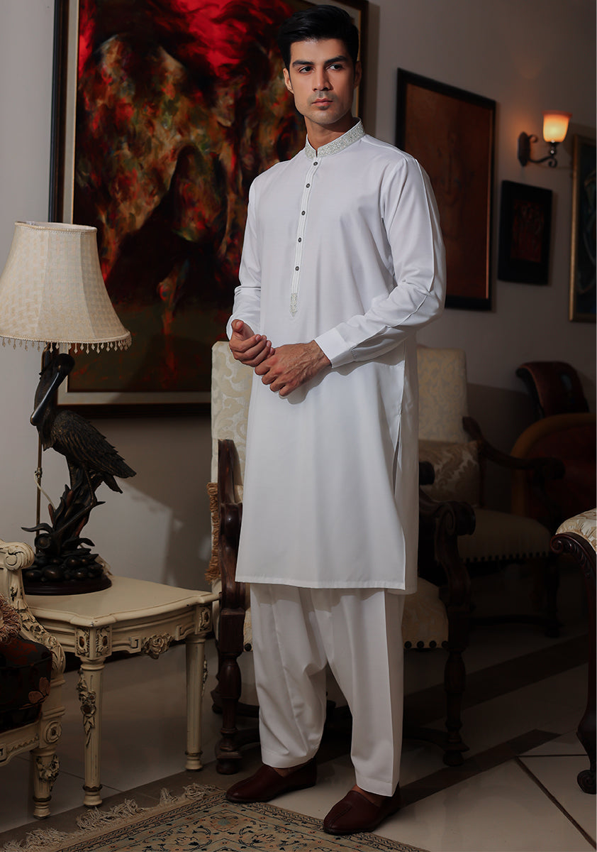 Pakistani Menswear | Amir Adnan - Basic Cotton Silk Cloud Dancer Classic Fit Embroidered Suit by Designer House of Maryam Ltd. - House of Maryam - Pakistani Designer Ethnic Wear in {{ shop.shopifyCountryName }}