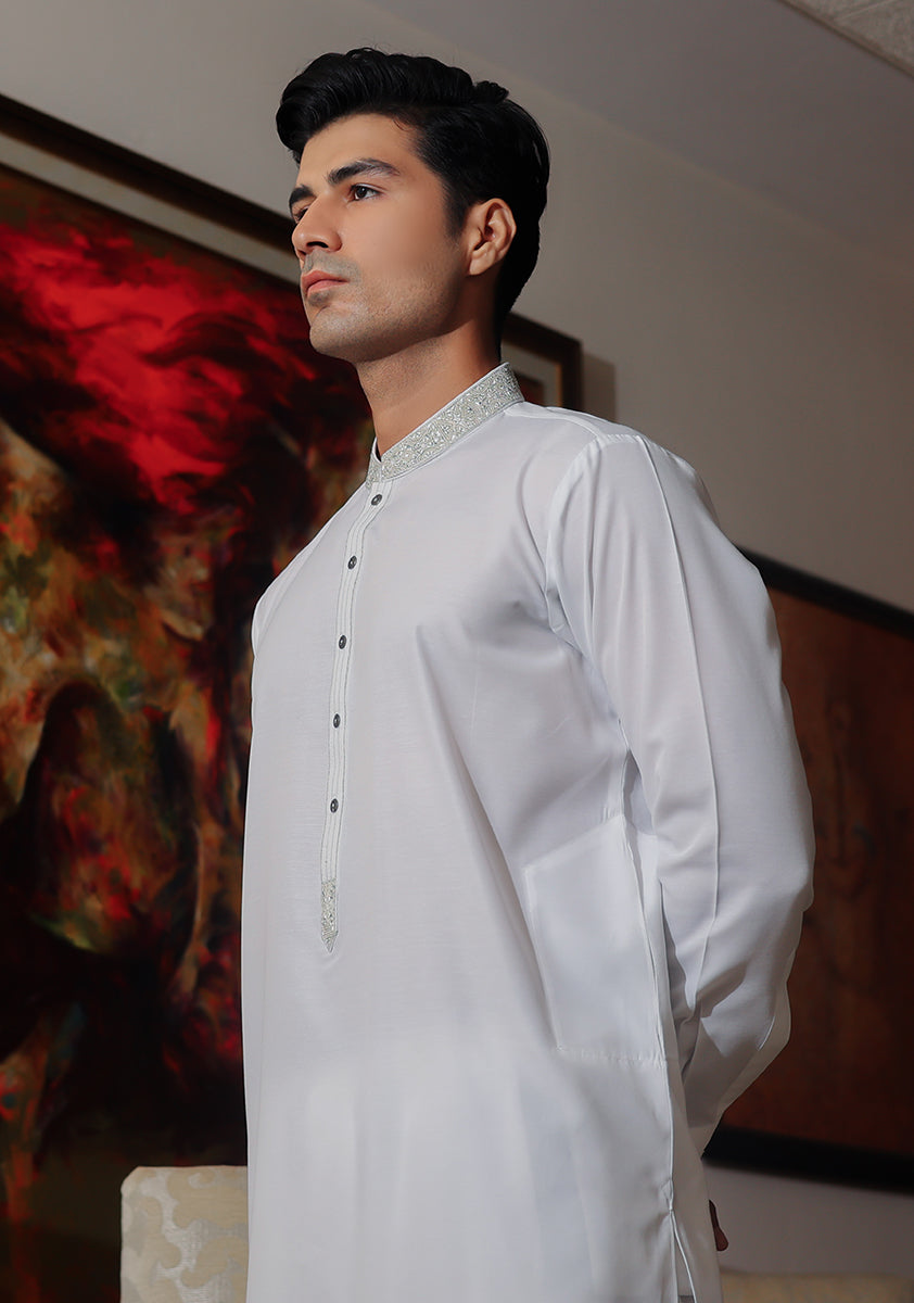 Pakistani Menswear | Amir Adnan - Basic Cotton Silk Cloud Dancer Classic Fit Embroidered Suit by Designer House of Maryam Ltd. - House of Maryam - Pakistani Designer Ethnic Wear in {{ shop.shopifyCountryName }}