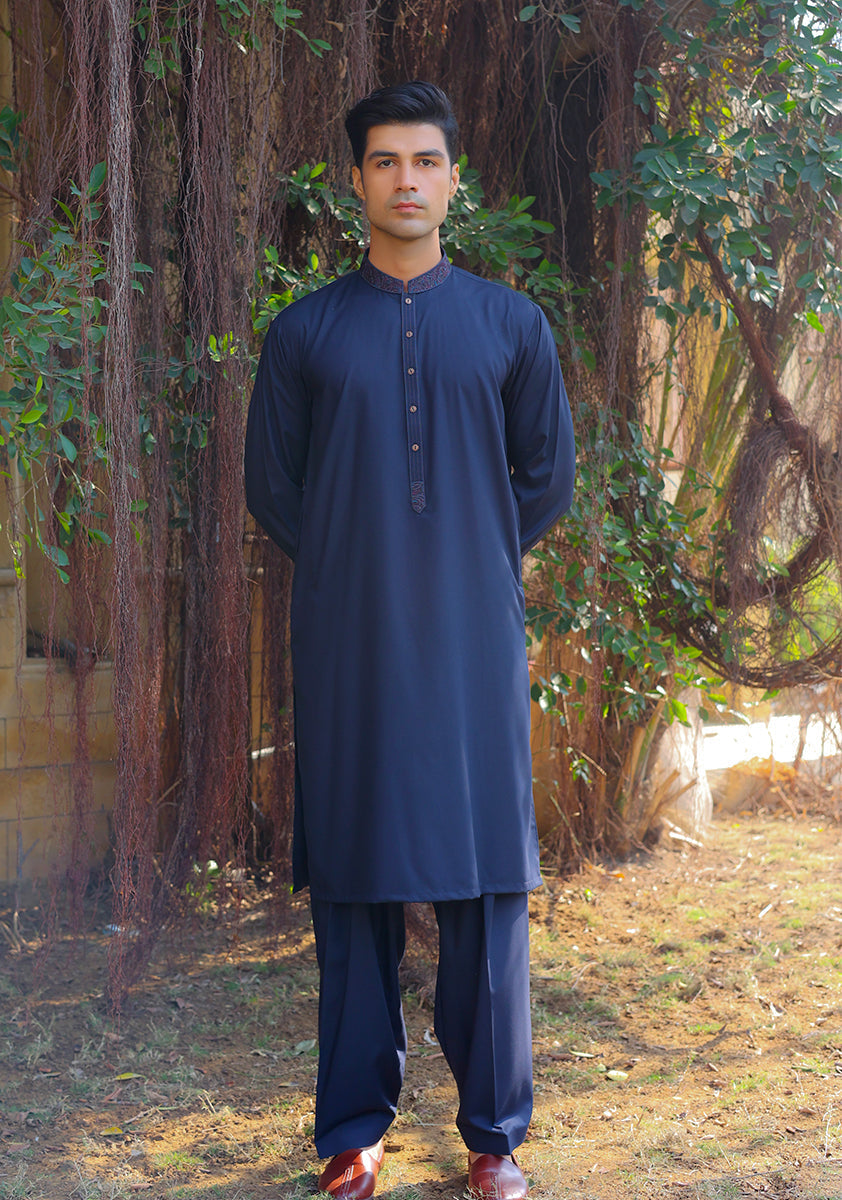 Pakistani Menswear | Amir Adnan - Basic Poly Viscose Dark Sapphire Classic Fit Embroidered Suit by Designer House of Maryam Ltd. - House of Maryam - Pakistani Designer Ethnic Wear in {{ shop.shopifyCountryName }}