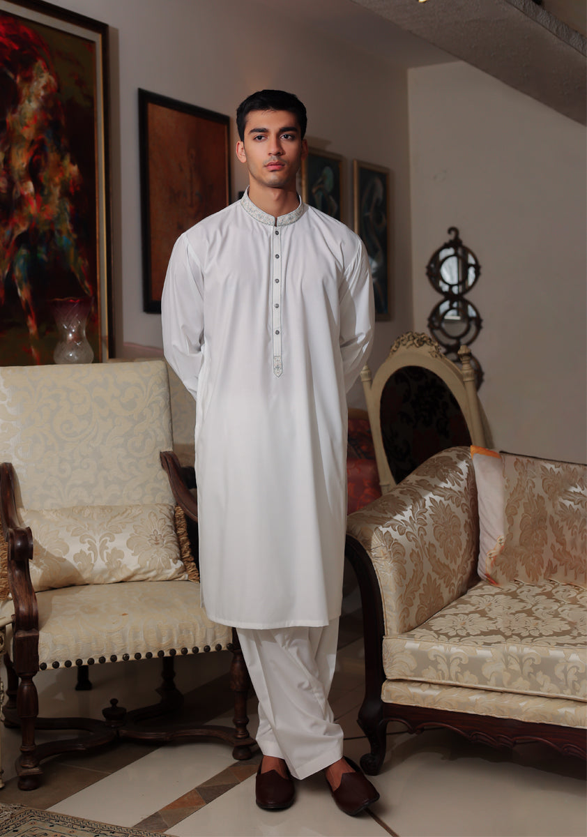 Pakistani Menswear | Amir Adnan - Basic Poly Viscose Bright White Classic Fit Embroidered Suit by Designer House of Maryam Ltd. - House of Maryam - Pakistani Designer Ethnic Wear in {{ shop.shopifyCountryName }}