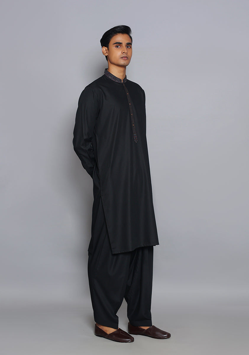 Pakistani Menswear | Amir Adnan - Basic Poly Viscose Pirat Black Classic Fit Embroidered Suit by Designer House of Maryam Ltd. - House of Maryam - Pakistani Designer Ethnic Wear in {{ shop.shopifyCountryName }}