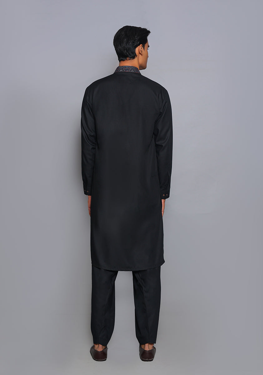 Pakistani Menswear | Amir Adnan - Basic Poly Viscose Pirat Black Classic Fit Embroidered Suit by Designer House of Maryam Ltd. - House of Maryam - Pakistani Designer Ethnic Wear in {{ shop.shopifyCountryName }}