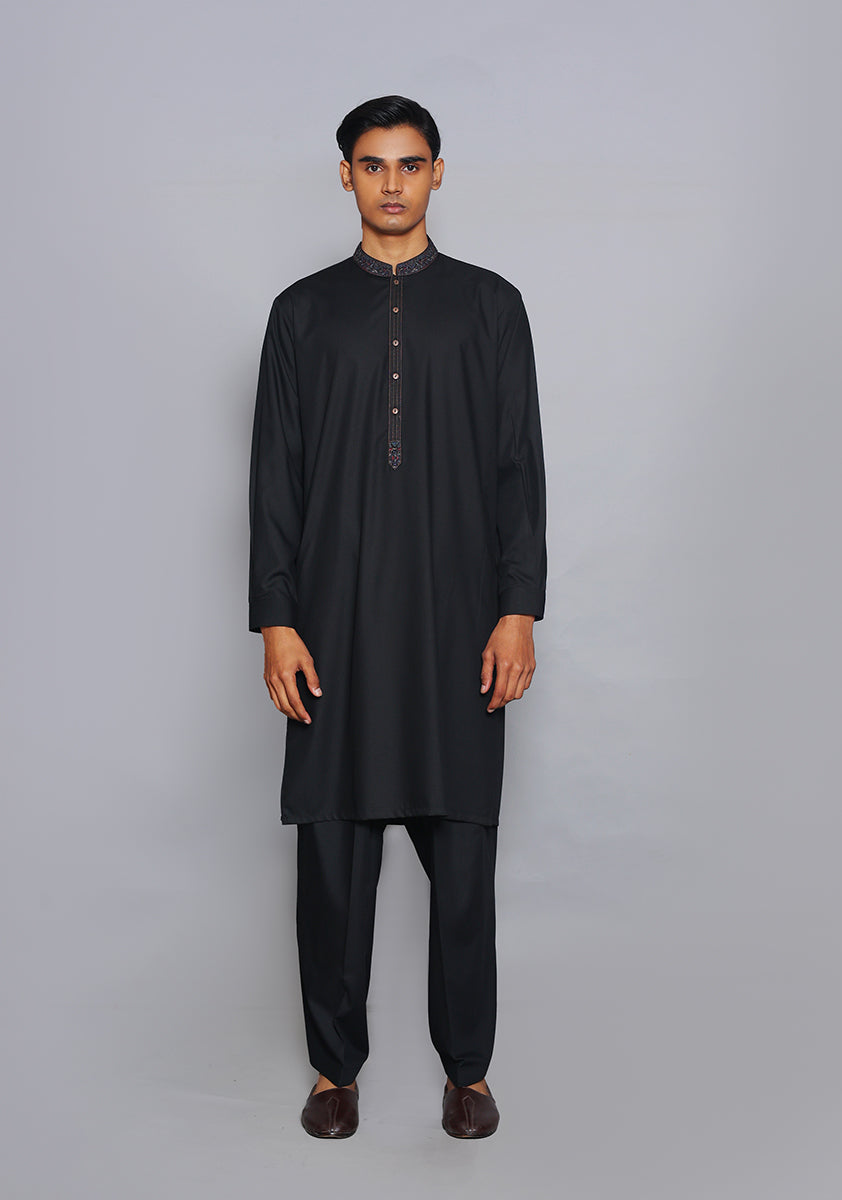 Pakistani Menswear | Amir Adnan - Basic Poly Viscose Pirat Black Classic Fit Embroidered Suit by Designer House of Maryam Ltd. - House of Maryam - Pakistani Designer Ethnic Wear in {{ shop.shopifyCountryName }}