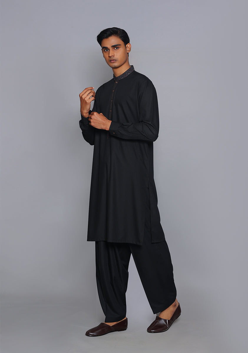 Pakistani Menswear | Amir Adnan - Basic Poly Viscose Pirat Black Classic Fit Embroidered Suit by Designer House of Maryam Ltd. - House of Maryam - Pakistani Designer Ethnic Wear in {{ shop.shopifyCountryName }}