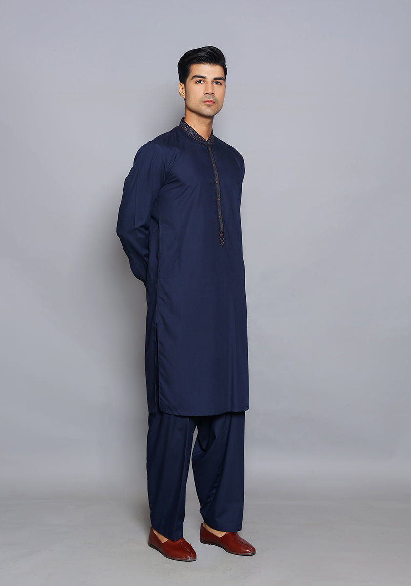 Pakistani Menswear | Amir Adnan - Basic Poly Viscose Navy Blazer Slim Fit Embroidered Suit by Designer House of Maryam Ltd. - House of Maryam - Pakistani Designer Ethnic Wear in {{ shop.shopifyCountryName }}