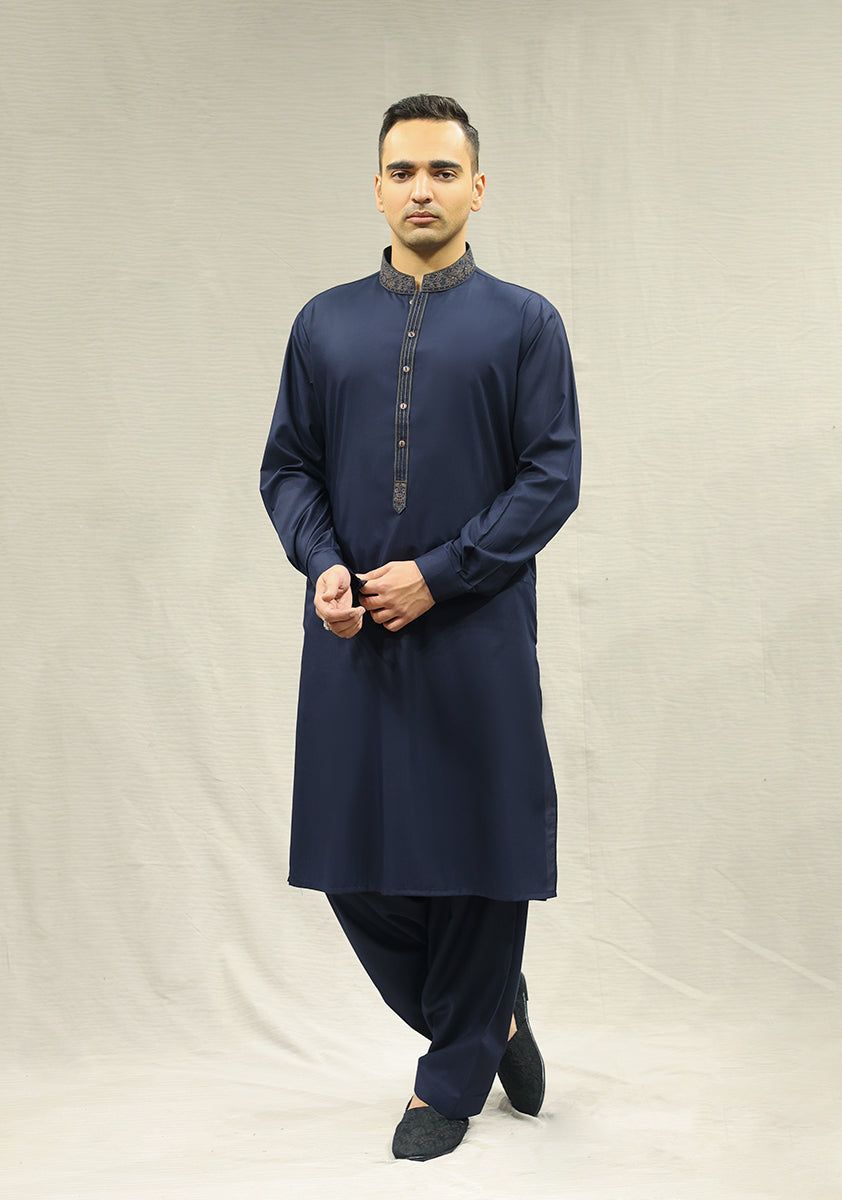 Pakistani Menswear | Amir Adnan - Classic Poly Viscose Salute Slim Fit Embroidered Suit by Designer House of Maryam Ltd. - House of Maryam - Pakistani Designer Ethnic Wear in {{ shop.shopifyCountryName }}