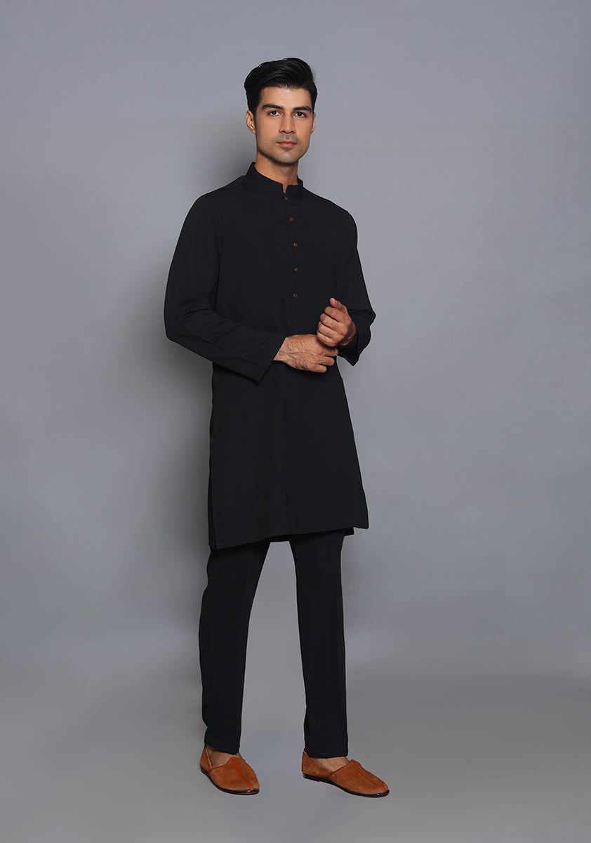 Pakistani Menswear | Amir Adnan - Classic Georgette Jet Black Slim Fit Plain Suit by Designer House of Maryam Ltd. - House of Maryam - Pakistani Designer Ethnic Wear in {{ shop.shopifyCountryName }}