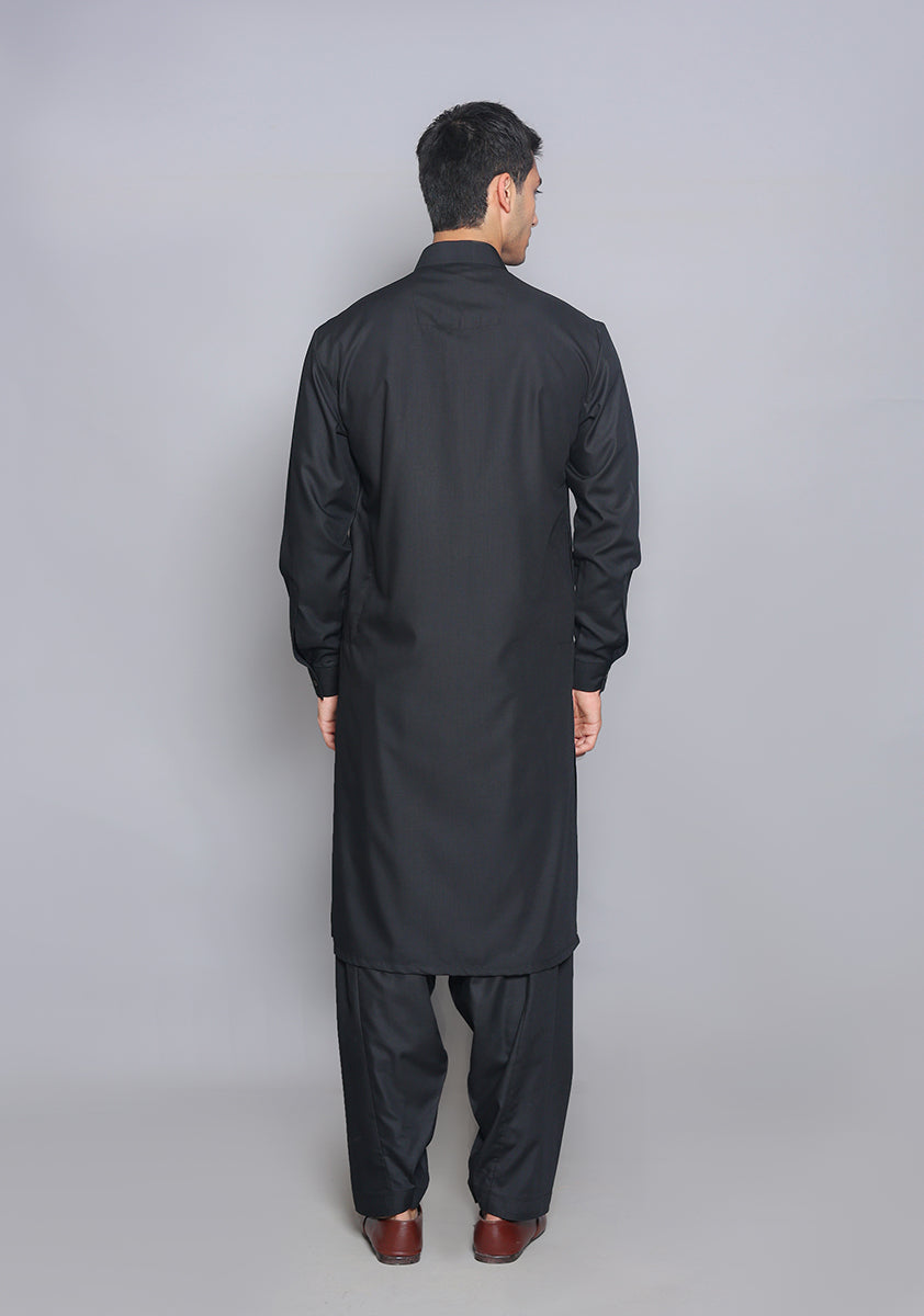 Pakistani Menswear | Amir Adnan - Basic Poly Viscose Pirat Black Slim Fit Plain Suit by Designer House of Maryam Ltd. - House of Maryam - Pakistani Designer Ethnic Wear in {{ shop.shopifyCountryName }}