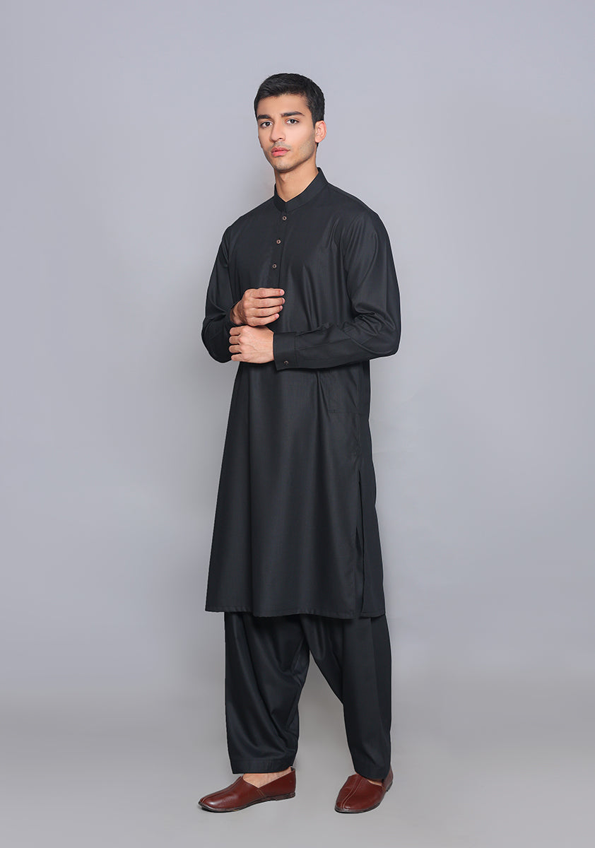 Pakistani Menswear | Amir Adnan - Basic Poly Viscose Pirat Black Slim Fit Plain Suit by Designer House of Maryam Ltd. - House of Maryam - Pakistani Designer Ethnic Wear in {{ shop.shopifyCountryName }}