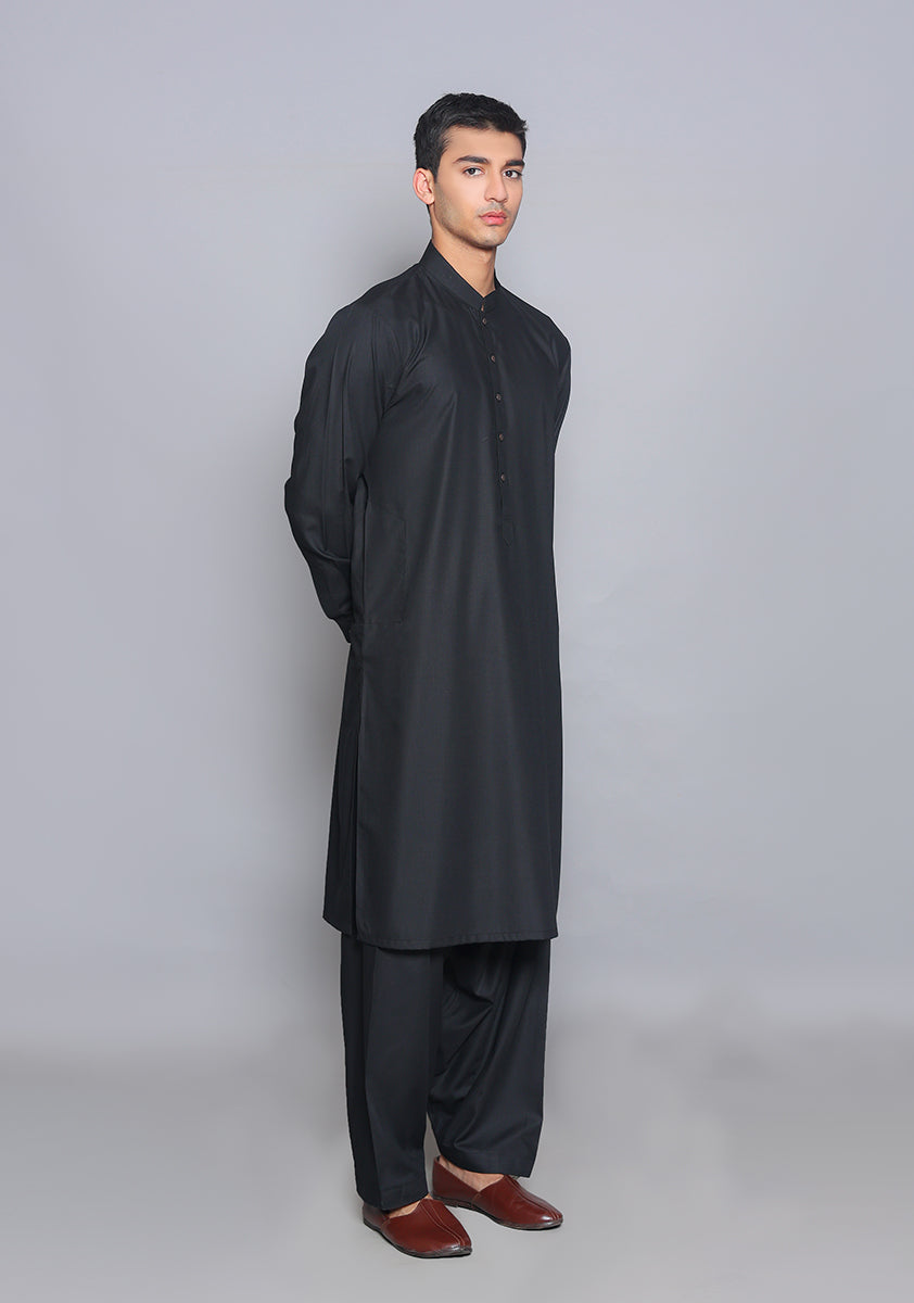 Pakistani Menswear | Amir Adnan - Basic Poly Viscose Pirat Black Slim Fit Plain Suit by Designer House of Maryam Ltd. - House of Maryam - Pakistani Designer Ethnic Wear in {{ shop.shopifyCountryName }}