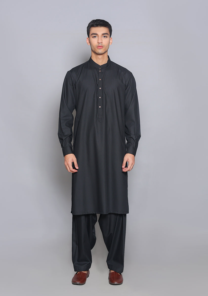 Pakistani Menswear | Amir Adnan - Basic Poly Viscose Pirat Black Slim Fit Plain Suit by Designer House of Maryam Ltd. - House of Maryam - Pakistani Designer Ethnic Wear in {{ shop.shopifyCountryName }}