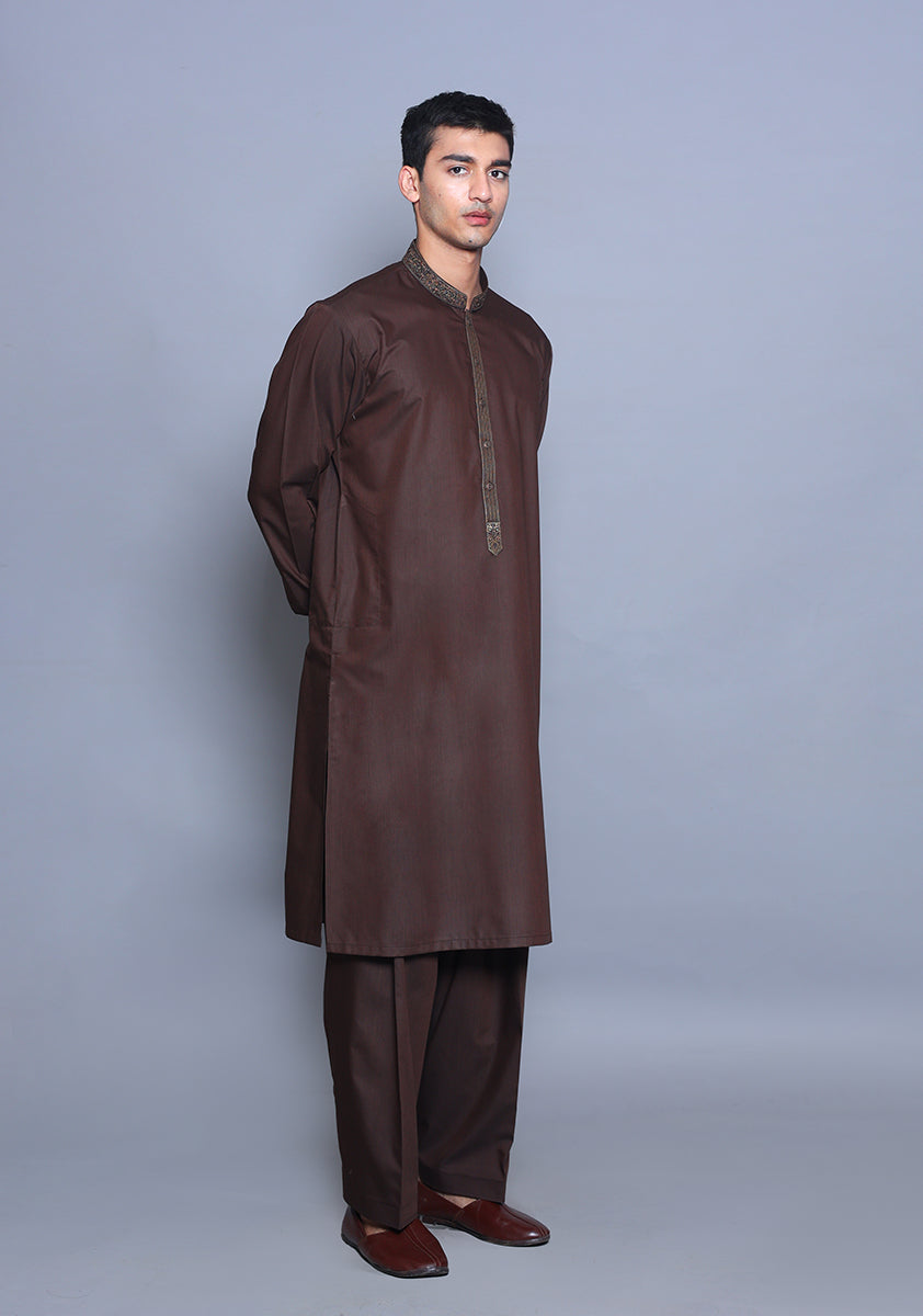 Pakistani Menswear | Amir Adnan - Basic Poly Viscose Wren Classic Fit Embroidered Suit by Designer House of Maryam Ltd. - House of Maryam - Pakistani Designer Ethnic Wear in {{ shop.shopifyCountryName }}