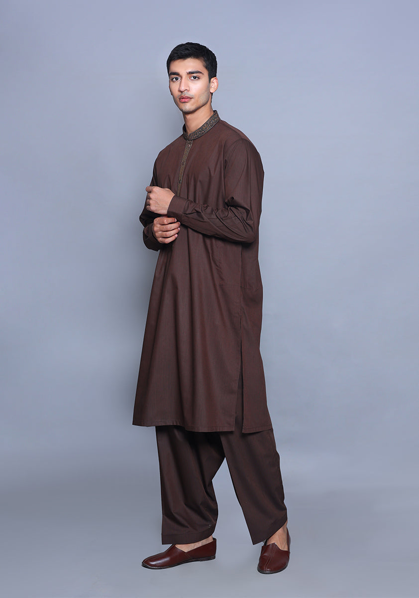 Pakistani Menswear | Amir Adnan - Basic Poly Viscose Wren Classic Fit Embroidered Suit by Designer House of Maryam Ltd. - House of Maryam - Pakistani Designer Ethnic Wear in {{ shop.shopifyCountryName }}