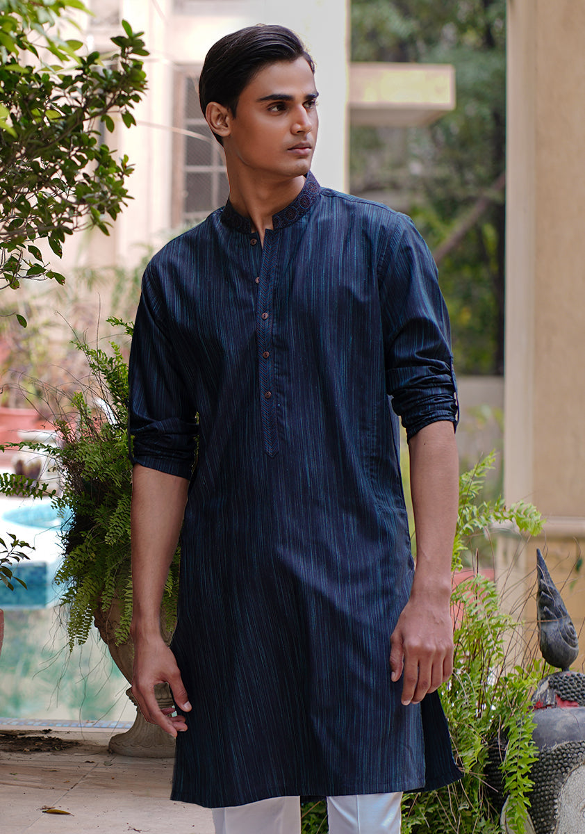 Pakistani Menswear | Amir Adnan - Basic Poly Viscose Deep Teal Slim Fit Kurta by Designer House of Maryam Ltd. - House of Maryam - Pakistani Designer Ethnic Wear in {{ shop.shopifyCountryName }}