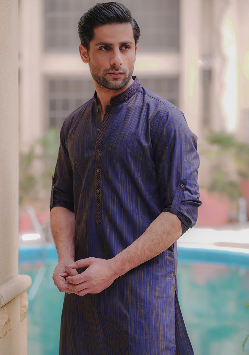 Pakistani Menswear | Amir Adnan - Basic Poly Viscose Dark Sapphire Slim Fit Kurta by Designer House of Maryam Ltd. - House of Maryam - Pakistani Designer Ethnic Wear in {{ shop.shopifyCountryName }}