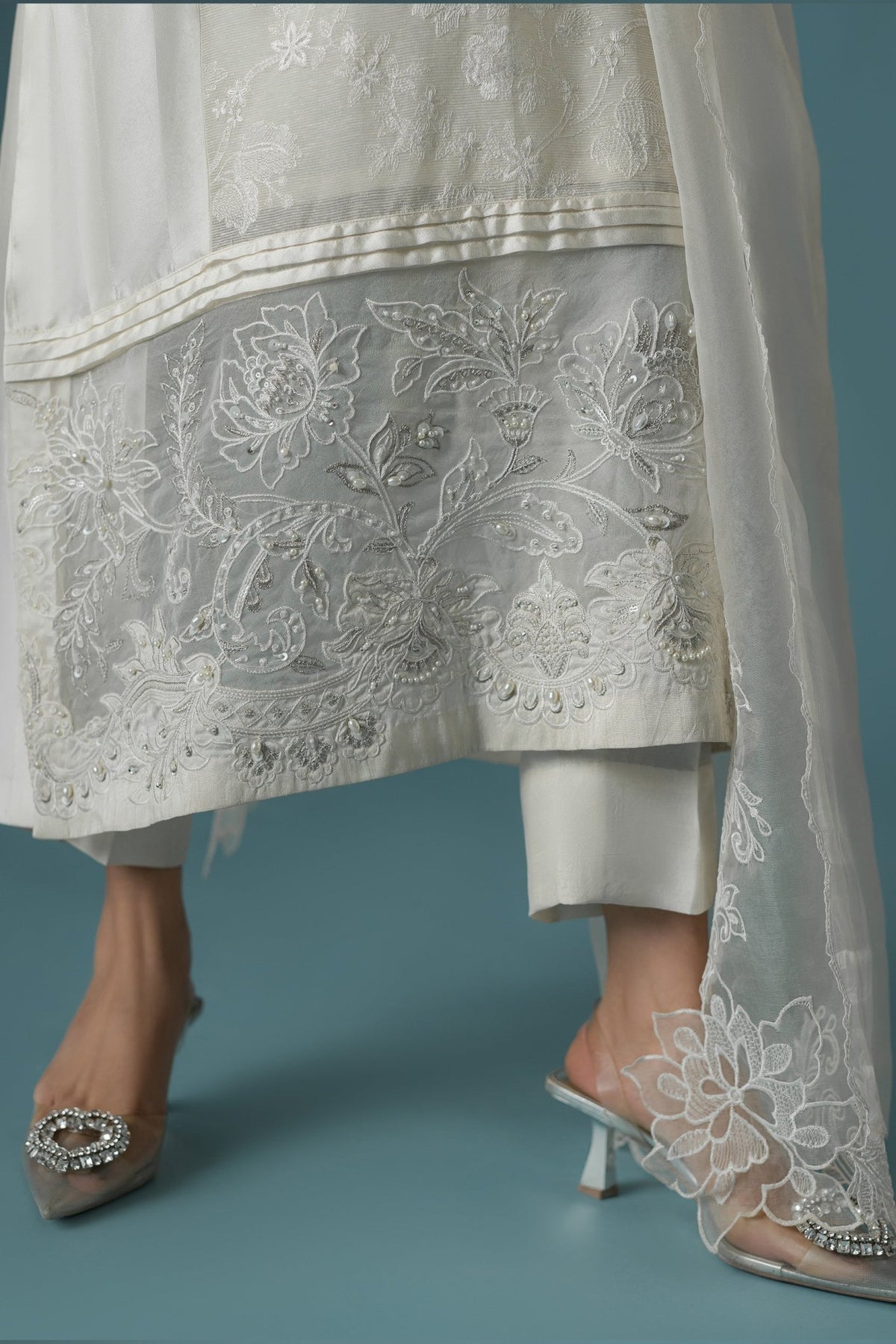 Ammara Khan | Flo 25 | Chandni Rani Long Kurta Set (D-11)-Brand:Ammara Khan-Type:Ladies Clothes-Cream-Karandi Organza-House of Maryam- Buy in UK, USA