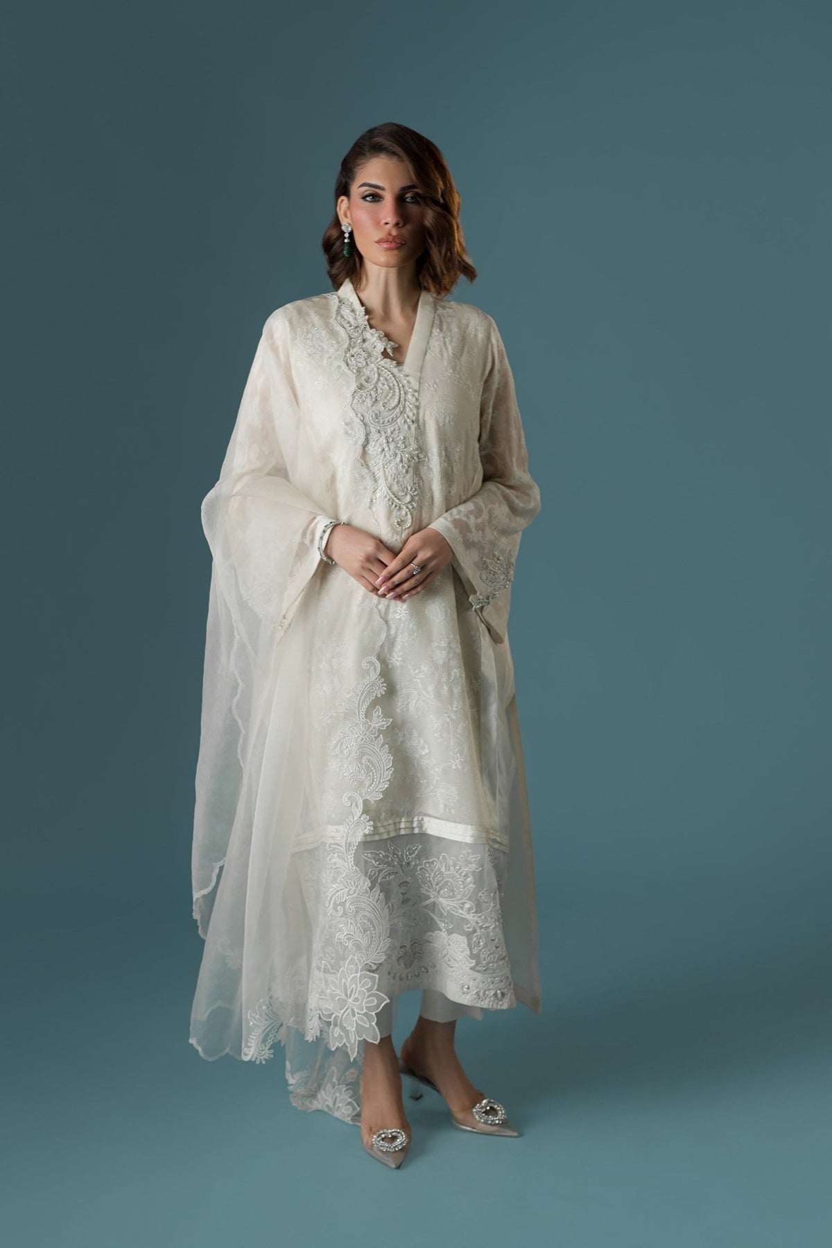 Ammara Khan | Flo 25 | Chandni Rani Long Kurta Set (D-11)-Brand:Ammara Khan-Type:Ladies Clothes-Cream-Karandi Organza-House of Maryam- Buy in UK, USA