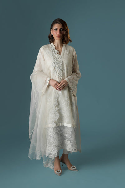 Ammara Khan | Flo 25 | Chandni Rani Long Kurta Set (D-11)-Brand:Ammara Khan-Type:Ladies Clothes-Cream-Karandi Organza-House of Maryam- Buy in UK, USA
