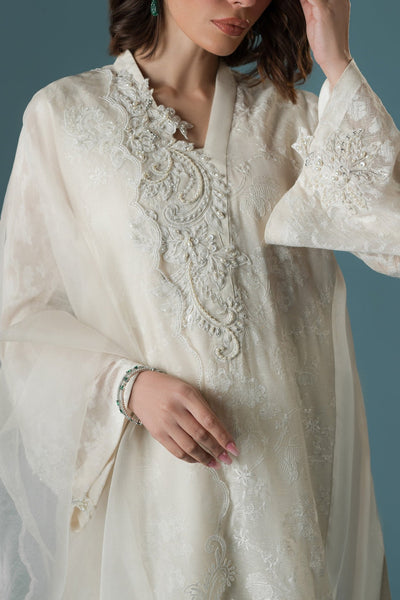 Ammara Khan | Flo 25 | Chandni Rani Long Kurta Set (D-11)-Brand:Ammara Khan-Type:Ladies Clothes-Cream-Karandi Organza-House of Maryam- Buy in UK, USA