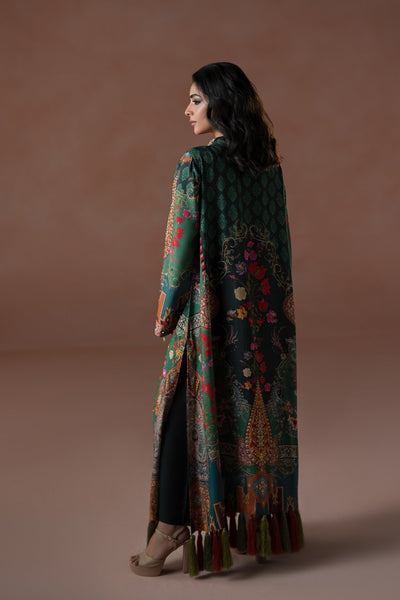 Ammara Khan | Flo 25 | Forest Floral Tassel Kaftan Set (D-06)-Brand:Ammara Khan-Type:Ladies Clothes-Teal Green-Raw Silk-House of Maryam- Buy in UK, USA