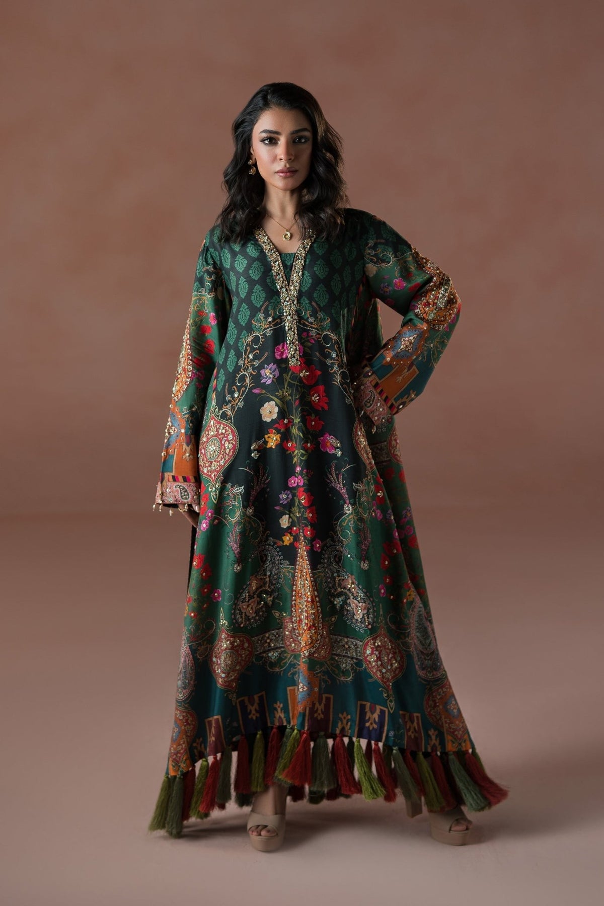 Ammara Khan | Flo 25 | Forest Floral Tassel Kaftan Set (D-06)-Brand:Ammara Khan-Type:Ladies Clothes-Teal Green-Raw Silk-House of Maryam- Buy in UK, USA