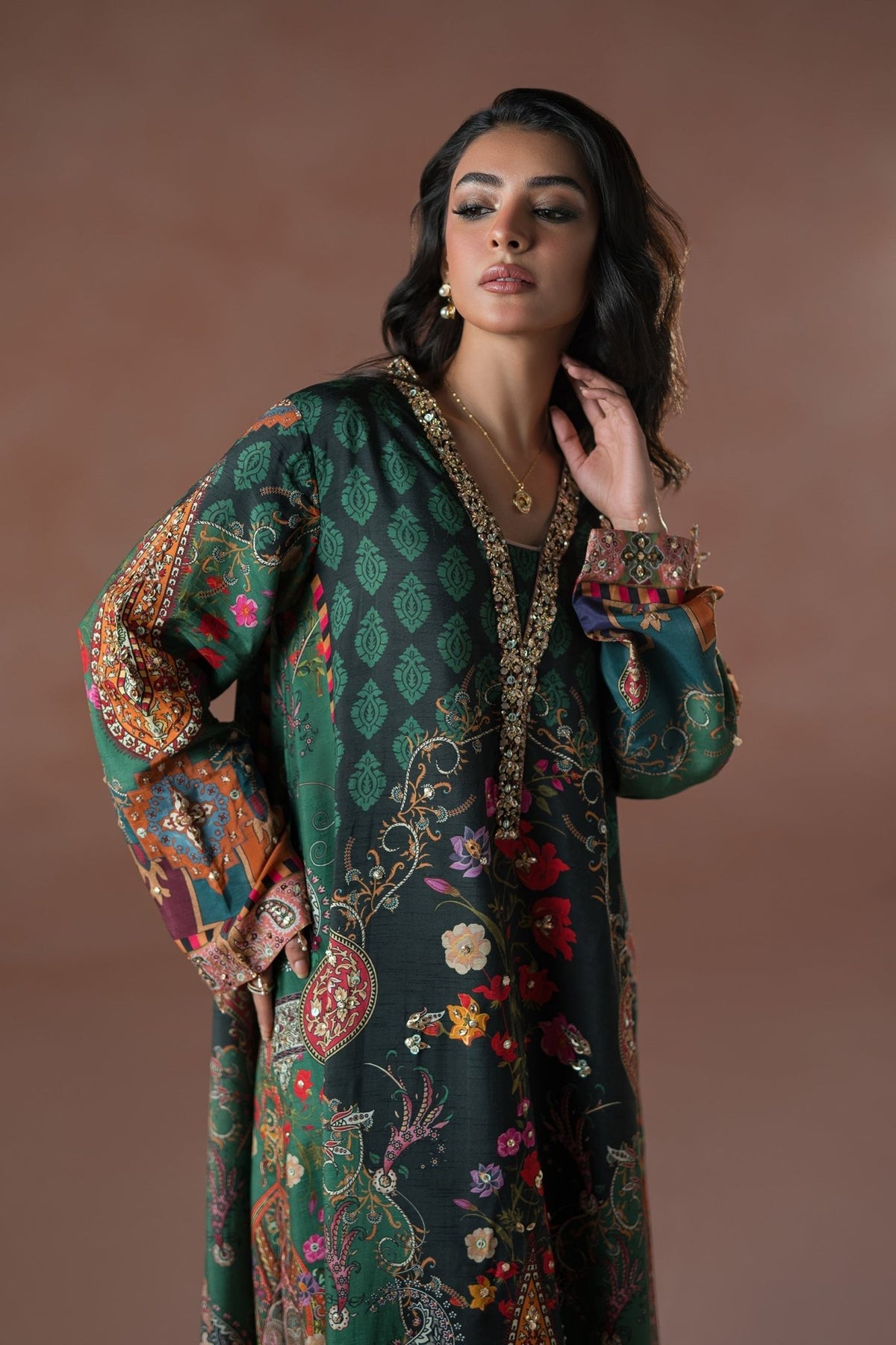Ammara Khan | Flo 25 | Forest Floral Tassel Kaftan Set (D-06)-Brand:Ammara Khan-Type:Ladies Clothes-Teal Green-Raw Silk-House of Maryam- Buy in UK, USA