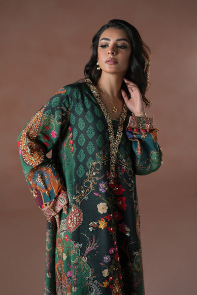 Ammara Khan | Flo 25 | Forest Floral Tassel Kaftan Set (D-06)-Brand:Ammara Khan-Type:Ladies Clothes-Teal Green-Raw Silk-House of Maryam- Buy in UK, USA