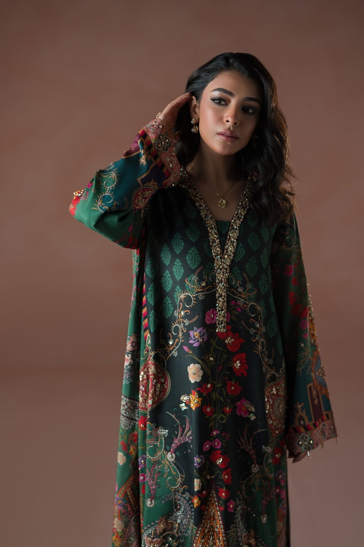 Ammara Khan | Flo 25 | Forest Floral Tassel Kaftan Set (D-06)-Brand:Ammara Khan-Type:Ladies Clothes-Teal Green-Raw Silk-House of Maryam- Buy in UK, USA