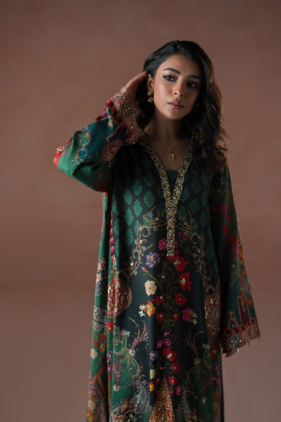 Ammara Khan | Flo 25 | Forest Floral Tassel Kaftan Set (D-06)-Brand:Ammara Khan-Type:Ladies Clothes-Teal Green-Raw Silk-House of Maryam- Buy in UK, USA