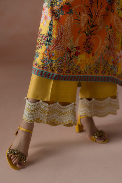 Ammara Khan | Flo 25 |Mango Slush Long Shirt Set (D-04)-Brand:Ammara Khan-Type:Ladies Clothes-Yellow-Raw Silk-House of Maryam- Buy in UK, USA