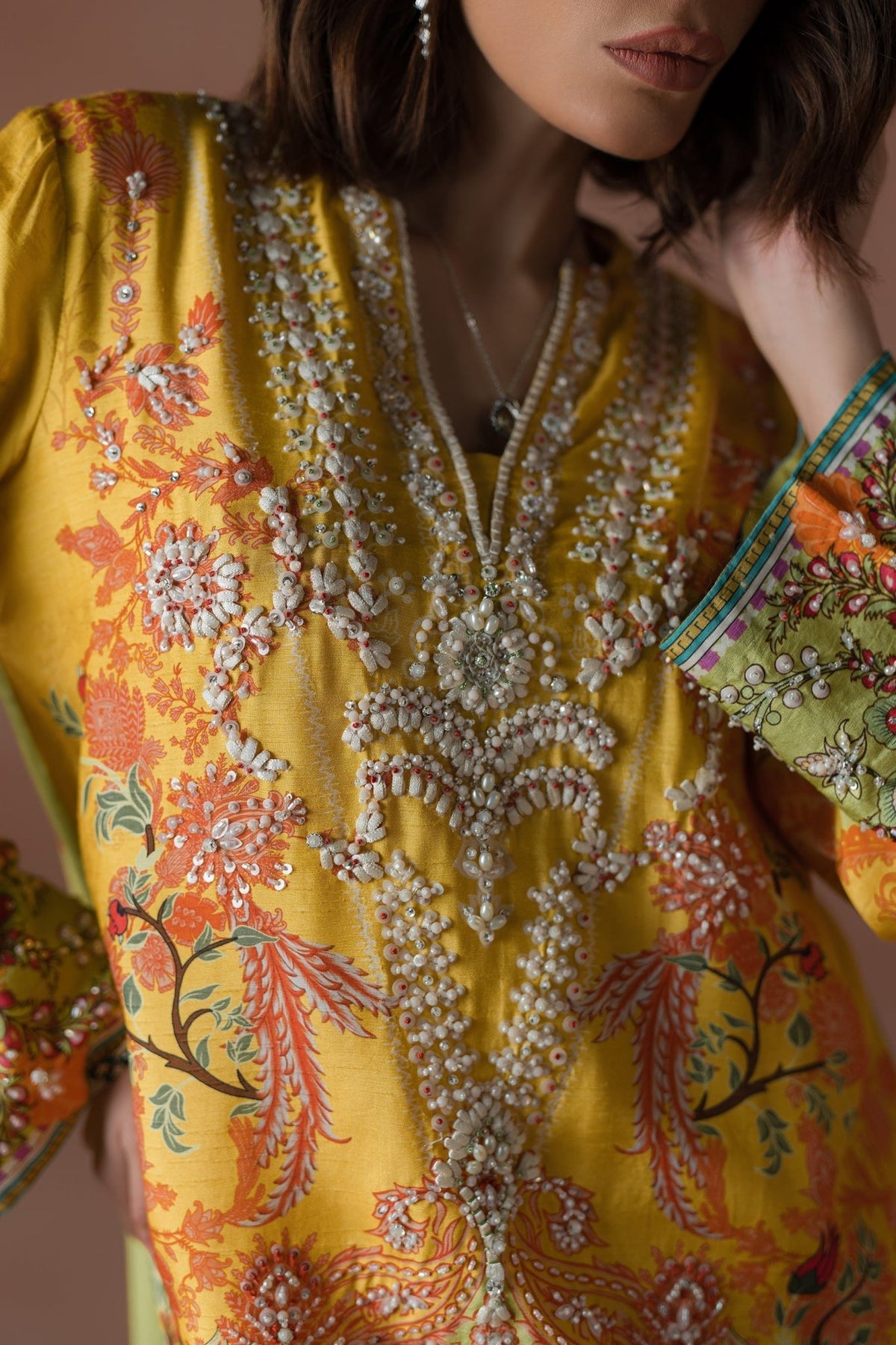 Ammara Khan | Flo 25 |Mango Slush Long Shirt Set (D-04)-Brand:Ammara Khan-Type:Ladies Clothes-Yellow-Raw Silk-House of Maryam- Buy in UK, USA