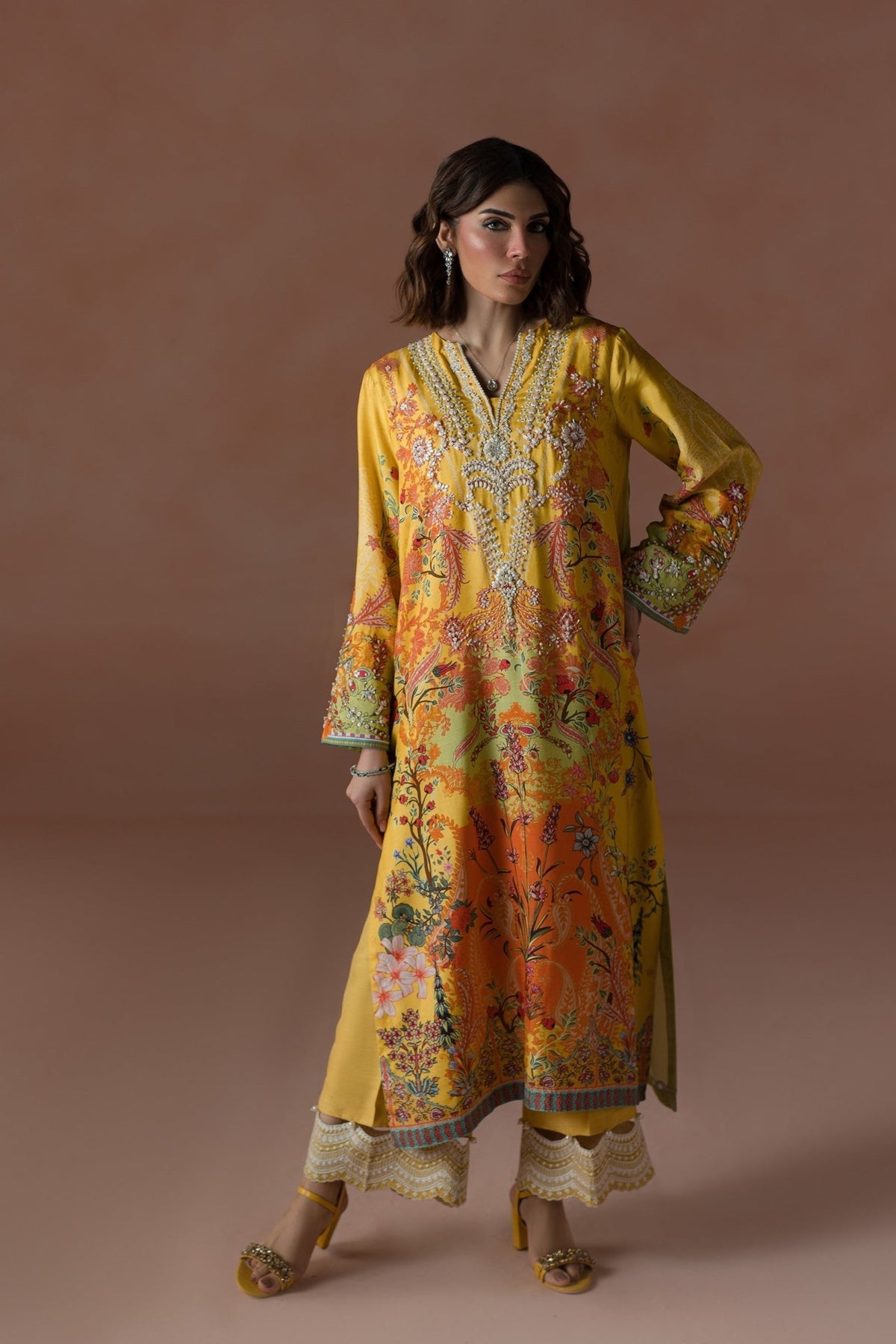 Ammara Khan | Flo 25 |Mango Slush Long Shirt Set (D-04)-Brand:Ammara Khan-Type:Ladies Clothes-Yellow-Raw Silk-House of Maryam- Buy in UK, USA