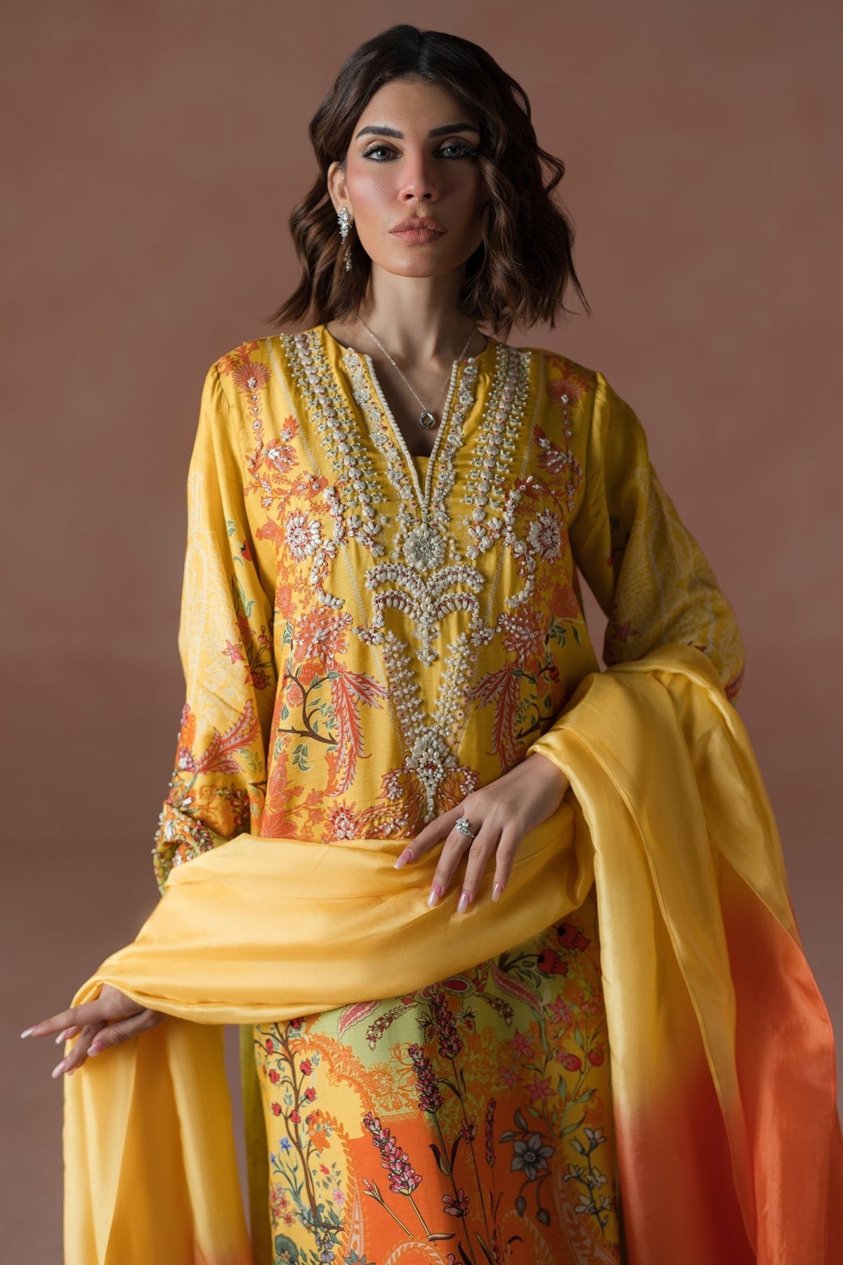 Ammara Khan | Flo 25 |Mango Slush Long Shirt Set (D-04)-Brand:Ammara Khan-Type:Ladies Clothes-Yellow-Raw Silk-House of Maryam- Buy in UK, USA