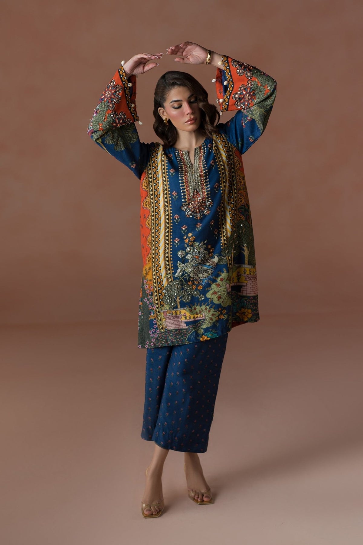 Ammara Khan | Flo 25 | Modern Mughal Multi Co-ord Set (D-01)-Brand:Ammara Khan-Type:Ladies Clothes-Navy-Raw Silk-House of Maryam- Buy in UK, USA